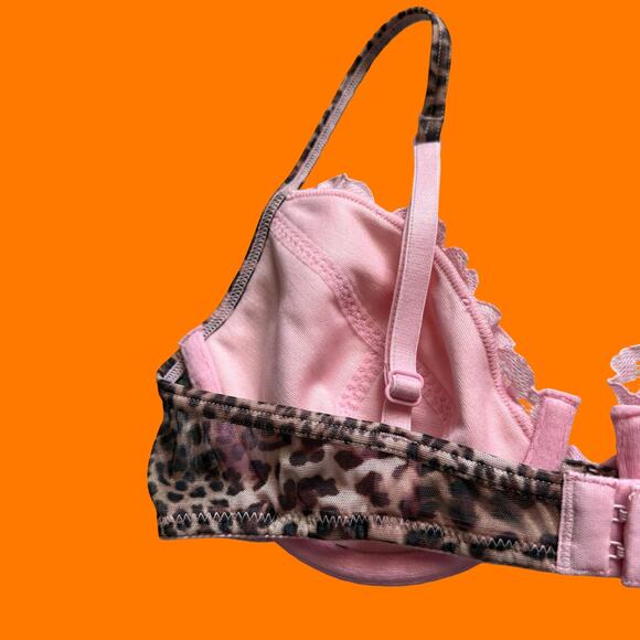 00's vintage leopard print mesh baby pink lace coquette y2k bra 34B express - Picture 6 of 7